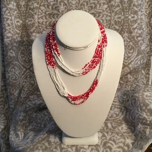 Vintage Australia 7 Strand Red & White Glass Bead Necklace